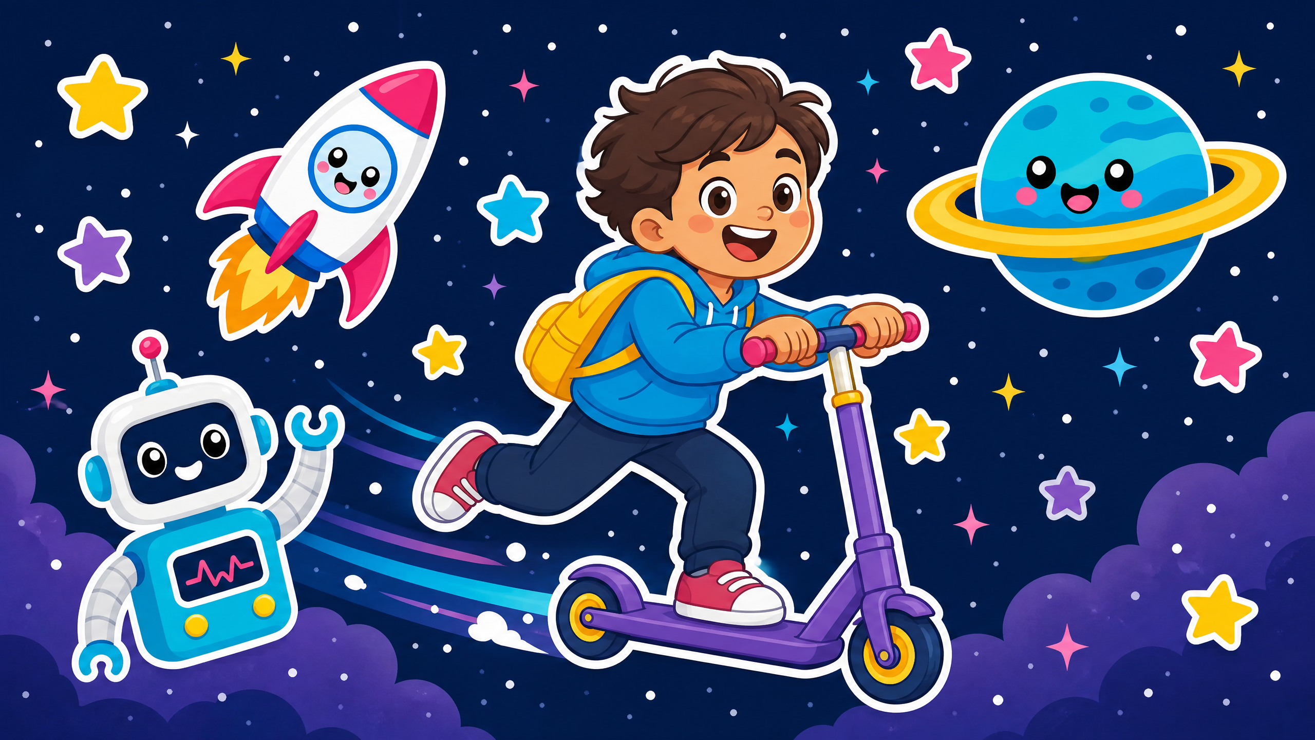 Kidlavie After-School Missions sticker illustration of a child riding a purple scooter