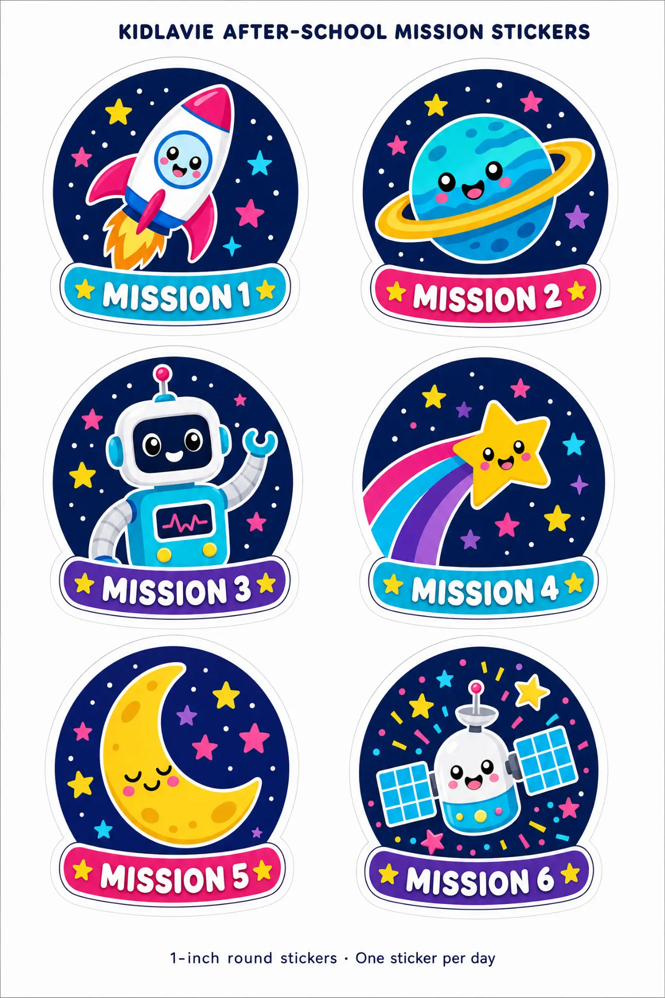 Six colorful Kidlavie After-School Mission stickers