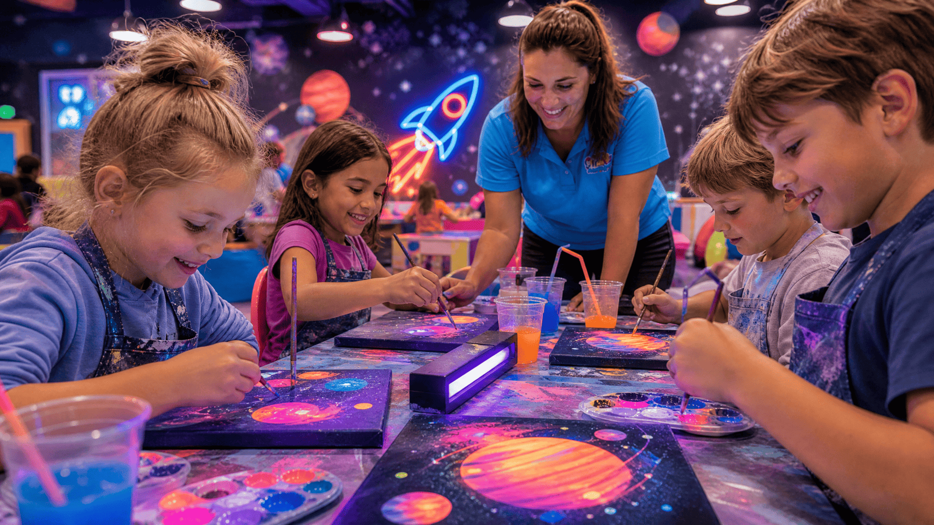 Children painting in a colourful Kidlavie workshop