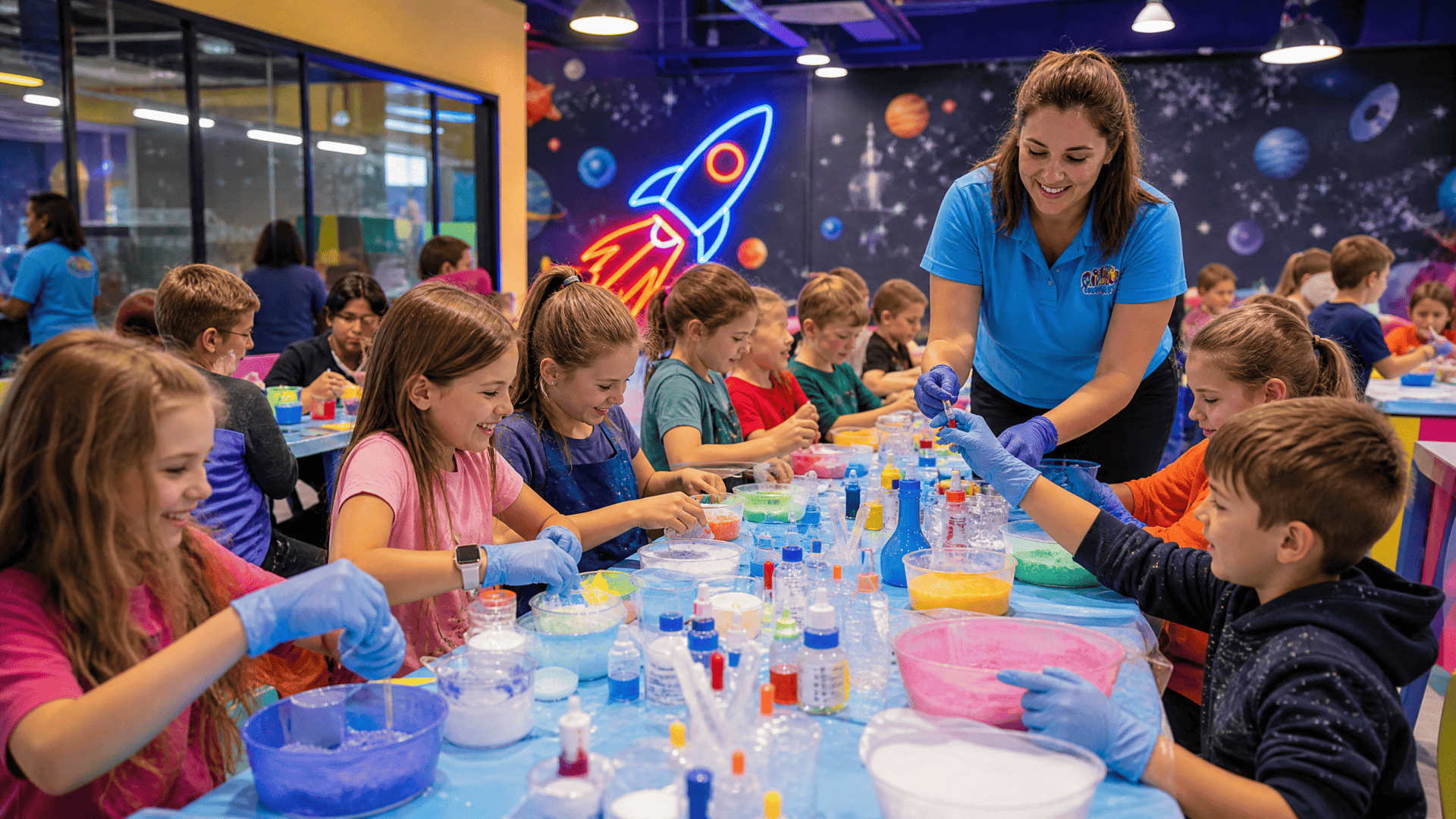 Children making colourful creations with a Kidlavie workshop instructor