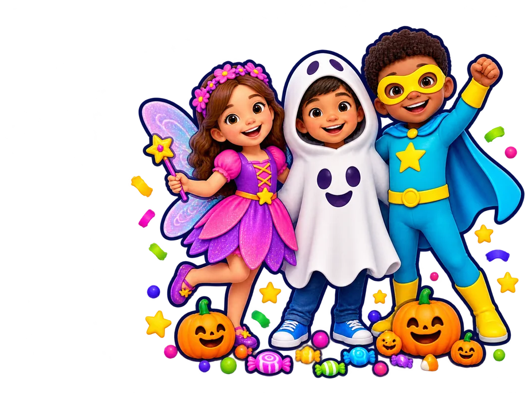 Children in fairy, ghost and superhero costumes