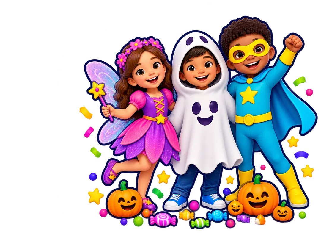Children in fairy, ghost and superhero costumes