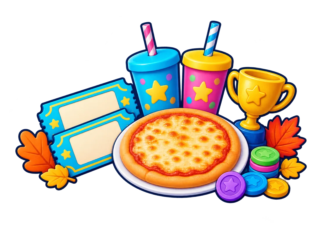 Personal cheese pizza, colorful drinks and play tickets