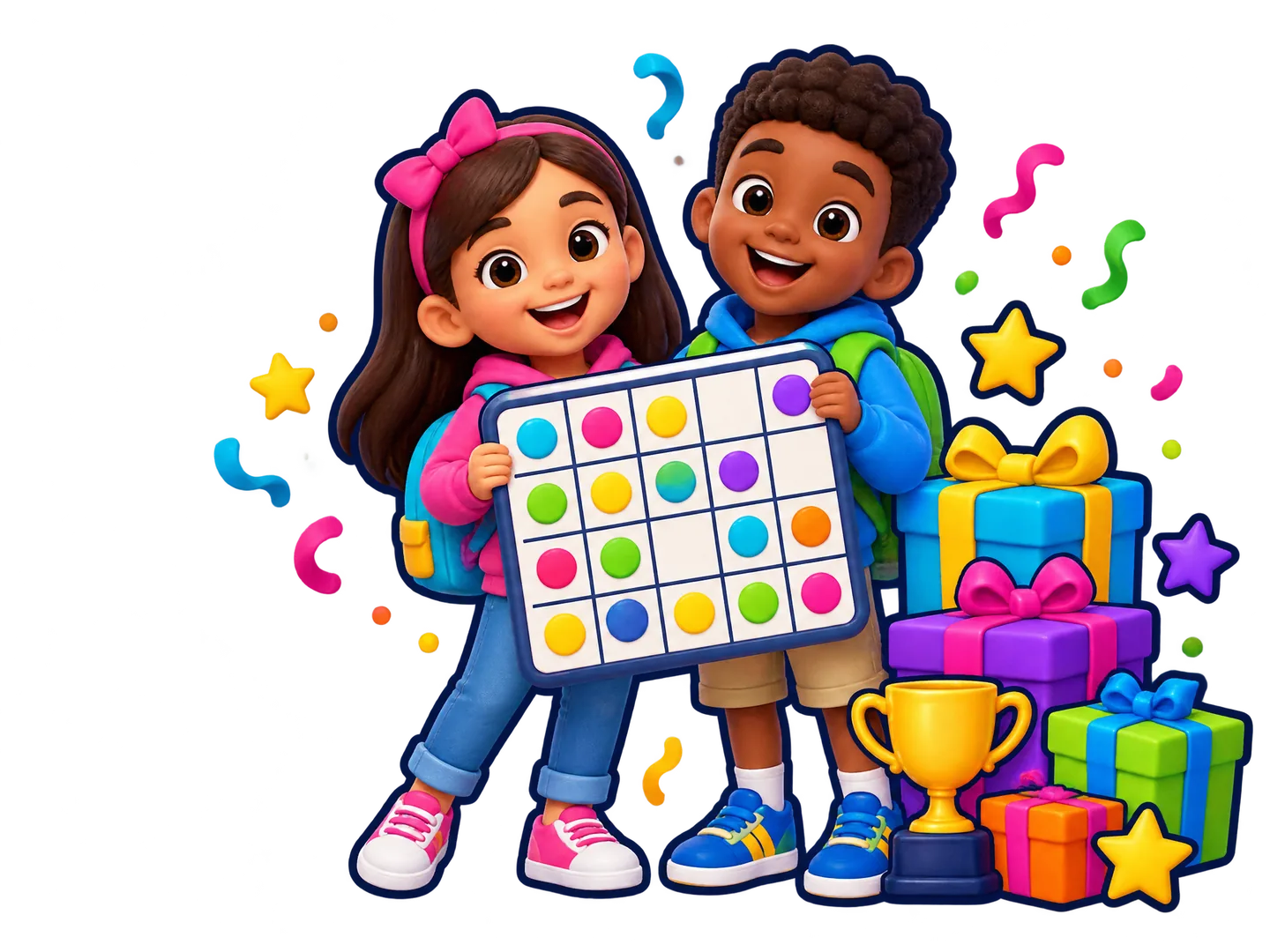Two children holding a Bingo card with colorful gifts and a trophy