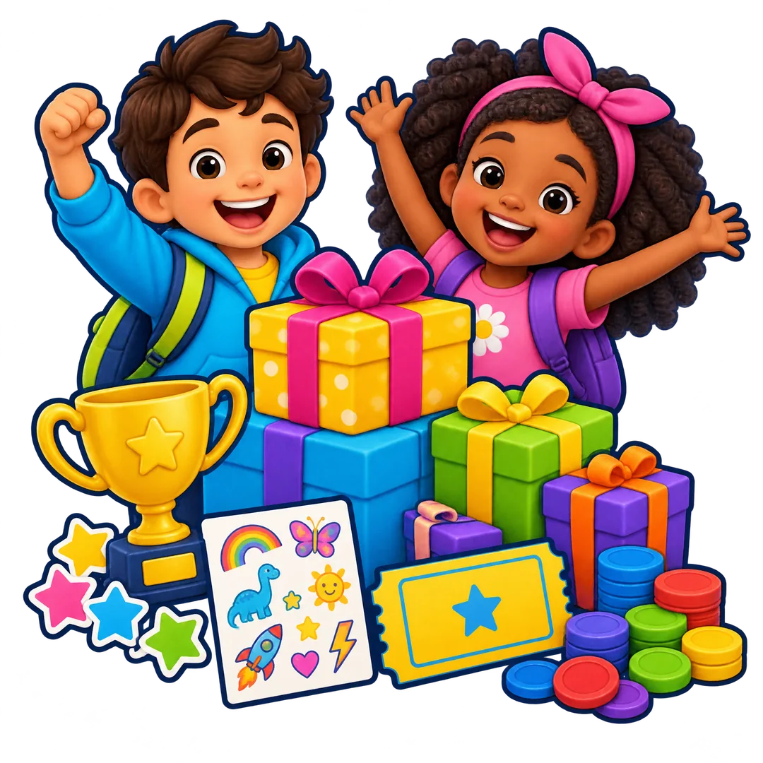 Happy children celebrating beside colorful Bingo prizes and gift boxes