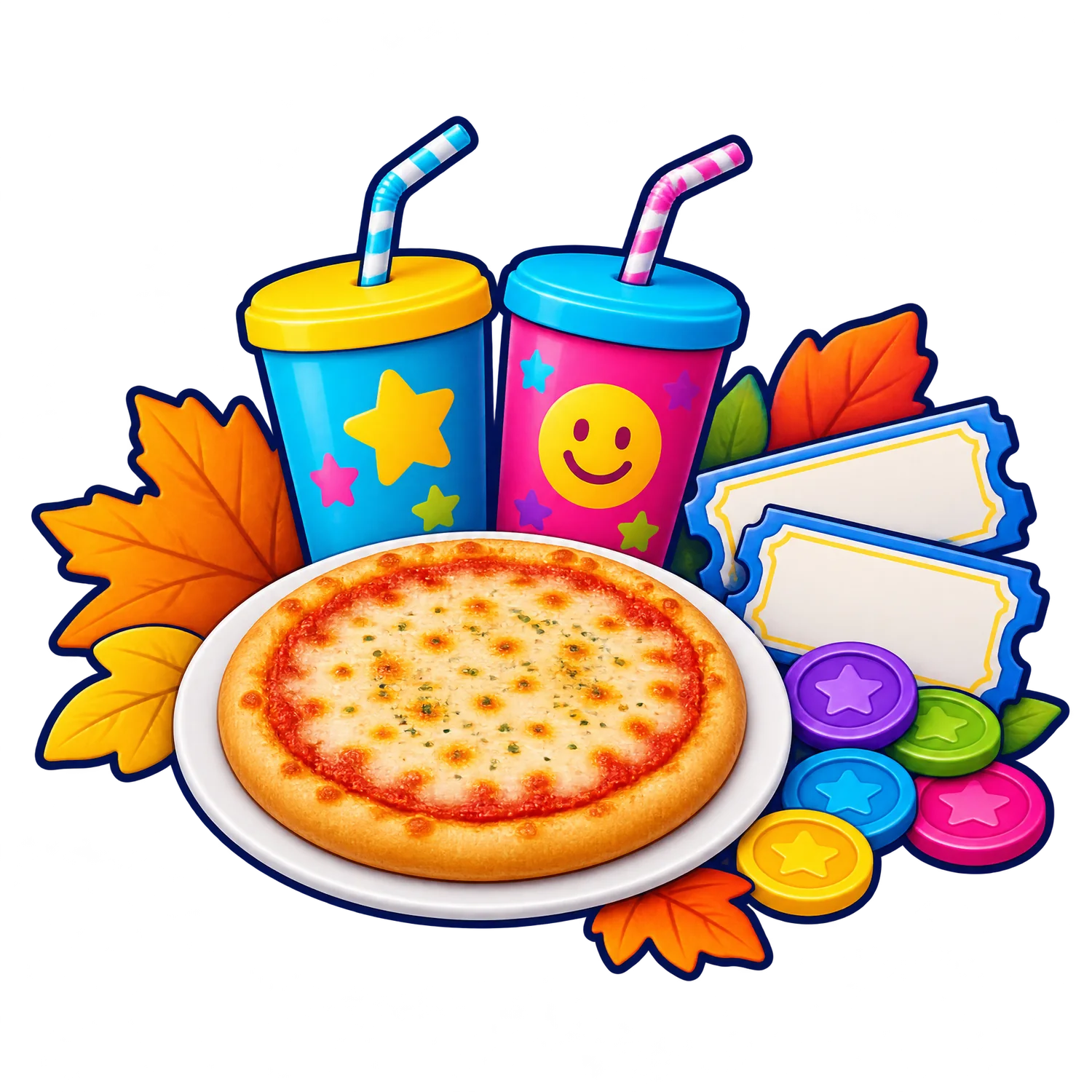 Personal cheese pizza, two kids drinks, tickets and colourful fall leaves