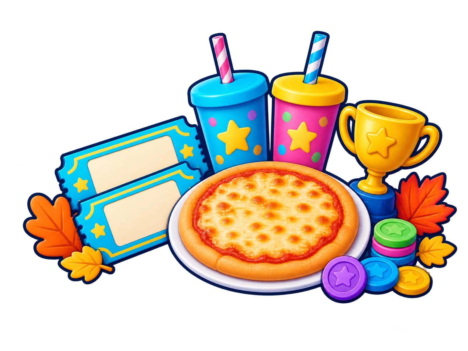 Cheese pizza, two colourful kids drinks, two play tickets and autumn leaves