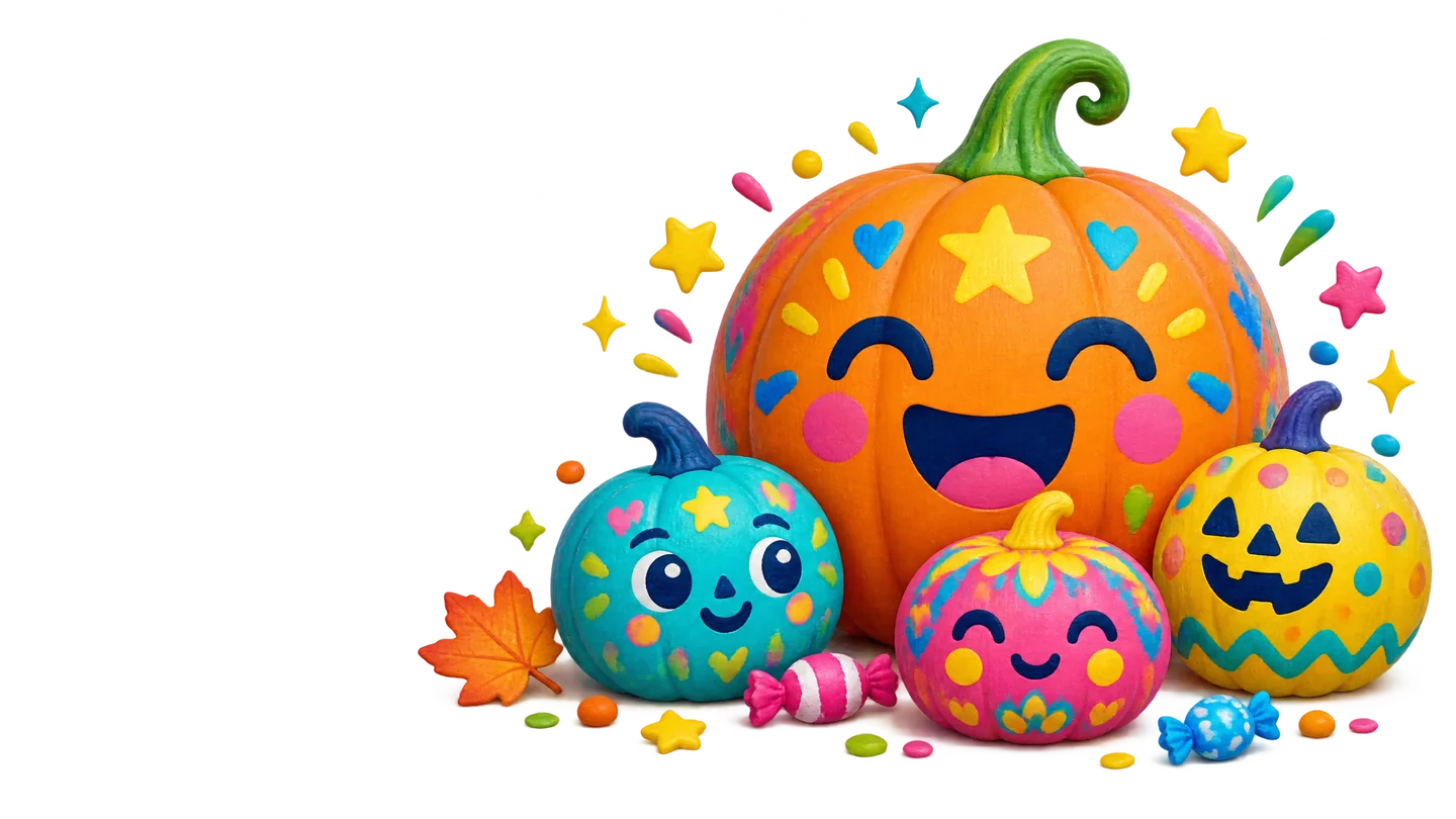 Colorful decorated pumpkins with stars and Halloween confetti
