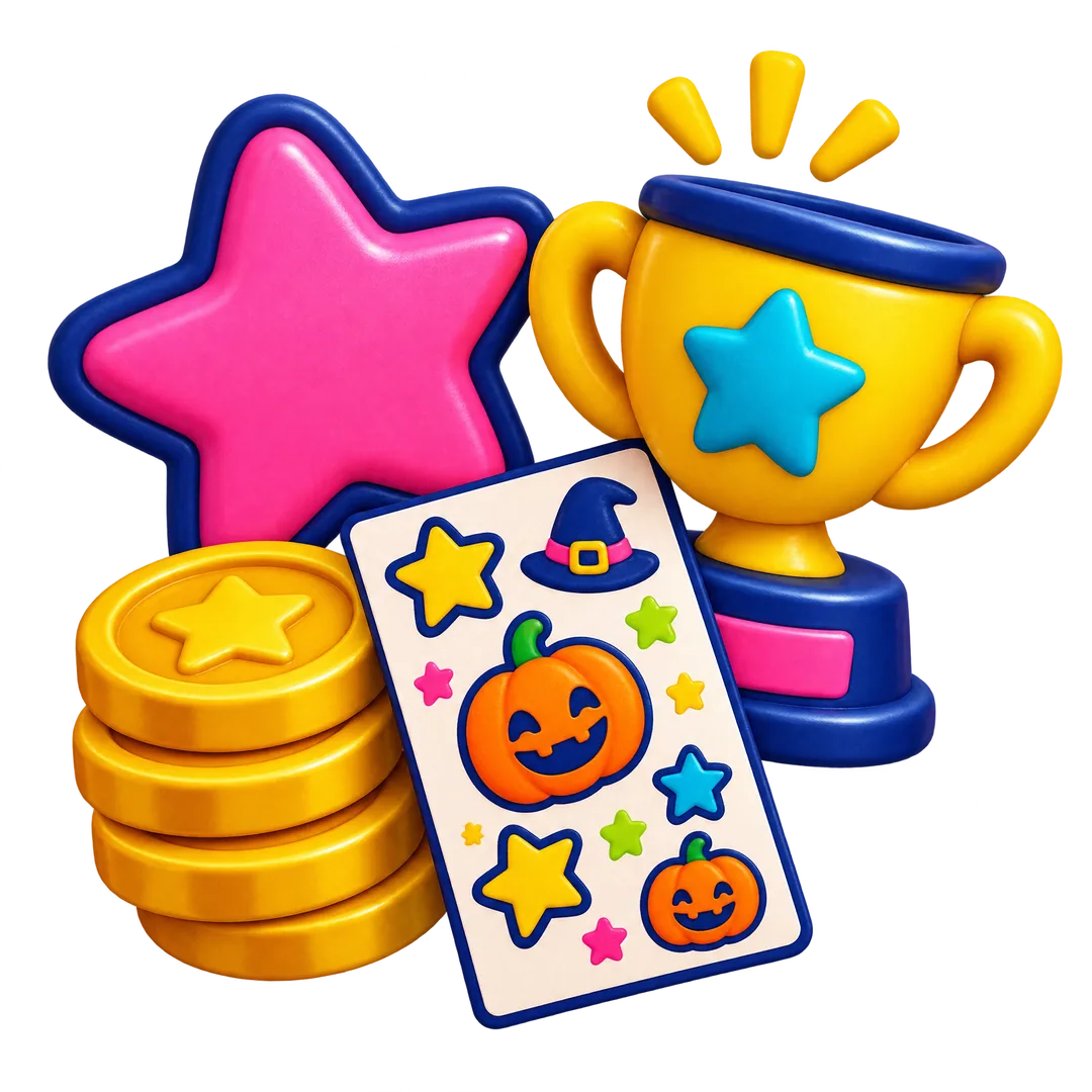 Halloween stickers, game coins, and a winner trophy
