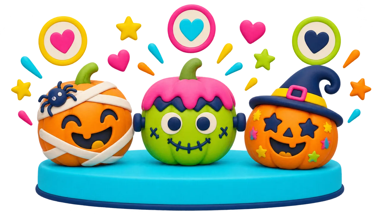 Decorated pumpkins on a display pedestal with colorful voting stickers