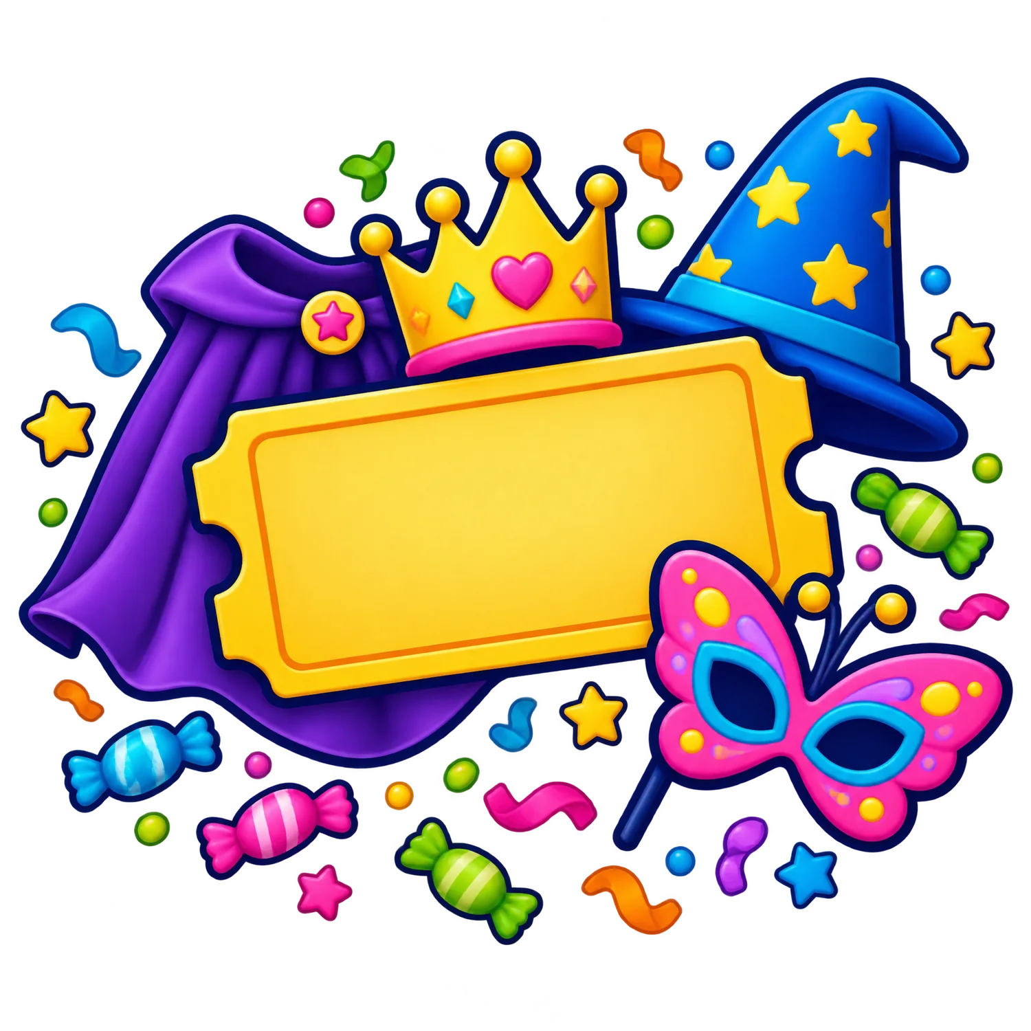 Colorful costume ticket illustration with a cape, crown, wizard hat and butterfly mask