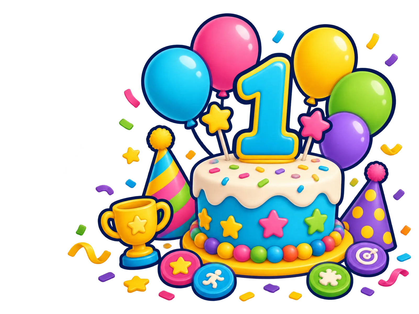 Colorful first anniversary cake with a number one topper, balloons, party hats and confetti